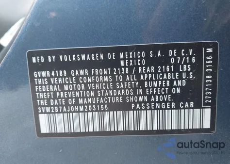 2017 Volkswagen Jetta 1.4T S from USA, damaged, VIN 3VW2B7AJ0HM203155